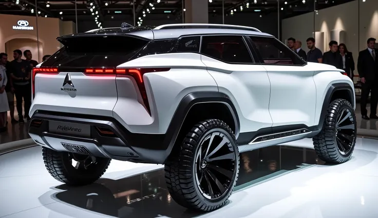 A futuristic Pajero sport SUV concept car viewed from the rear, showcasing its bold and rugged design. The metallic white body is complemented by sleek black accents and sharp, angular tail lights with a modern LED pattern. The wide stance is emphasized by...