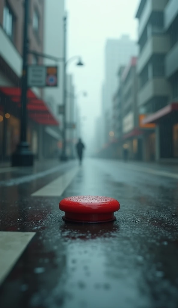 On a rainy day a red button on the blurry street.