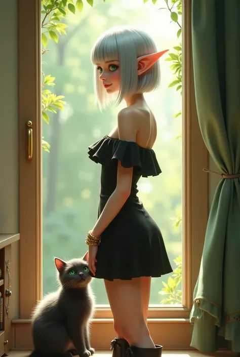 1 lady, solo, A elven lady(silver bob cut, blunt bangs, green eyes, Pointy Ears, gold bangle, bare shoulder black mini dress, black short boots) opens the window and enjoys the morning sunlight and the fresh breeze, with a fluffy black kitten at her feet.