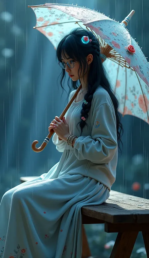 A captivating 3D render of a dreamlike romantic night time scene, featuring a young woman with cascading wavy black hair and an intricate floral braid. She sits upon a weathered wooden bench, surrounded by a gentle rainfall that softly pours around her. Th...