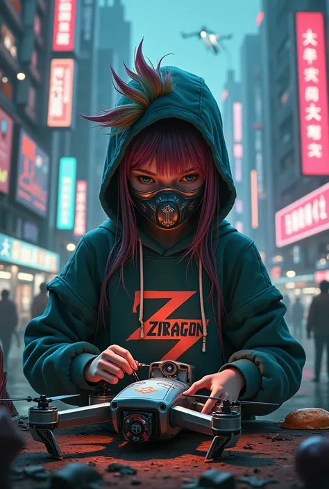 A girl with spiked hair and a hoody and a mask repairing a fuuristic drone in a futuristic world that represents bladerunner. Flying cars futuristic vending machines advertising and some unusual elements about the bizarre futuristic world. She has a "ZIRAG...