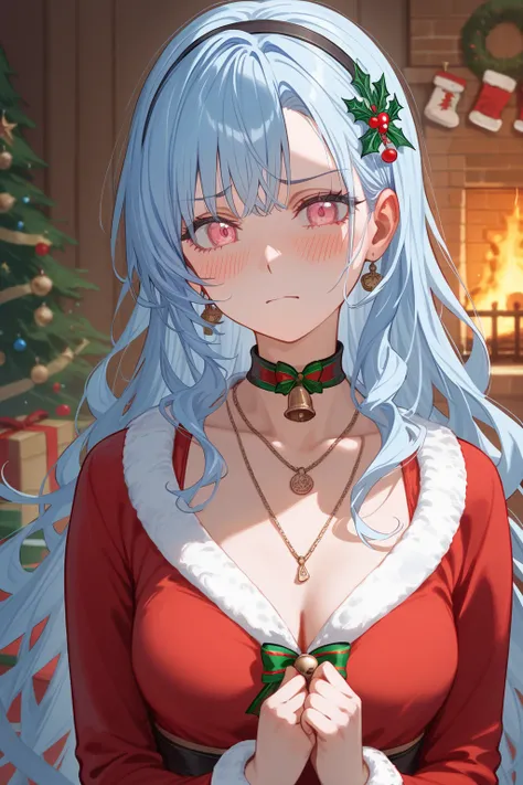 rocbouquet, romancing saga 2, seven heroes, pink eyes, light blue hair, (soft wavy hair:0.5),semi-long hair ,hair ornament, black choker ,necklace,black hairband, (Santa Claus costume,knit)
BREAK
25 year old woman、medium breasts, slender body,largish eyes ...