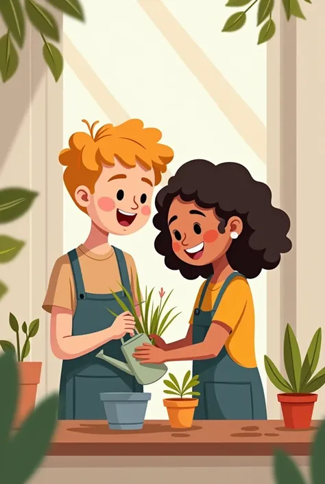 A cartoon of a blond man and a dark-haired woman with curls, Who water a small plant together and lovingly look at each others eyes