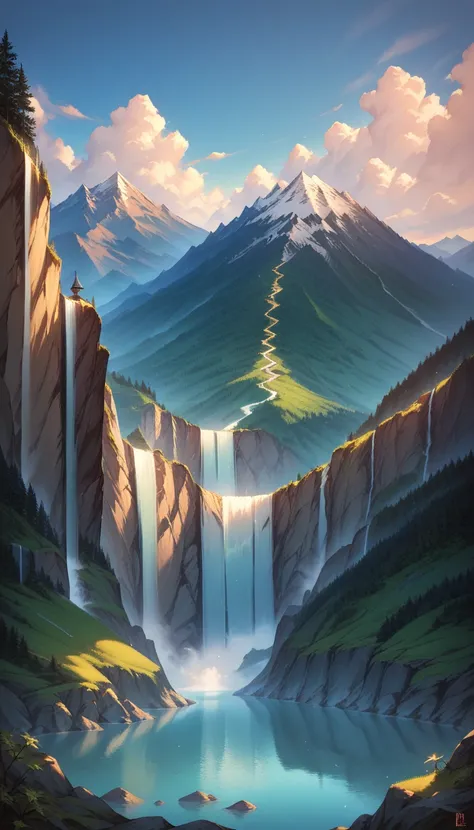 Score_9, score_8_up, score_7_up, score_6_up, source_anime, Hills, mountains, rivers,detailed,Detailed lighting,Heartwarming view,waterfall,Incredible View