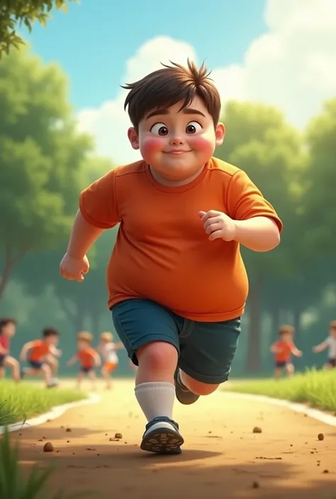 A young boy suffering from some obesity is practicing sports