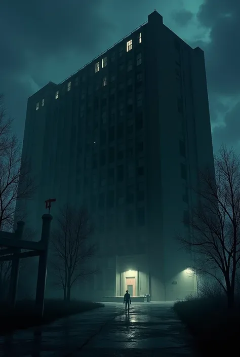 VIP hospital from outside dark horror at night