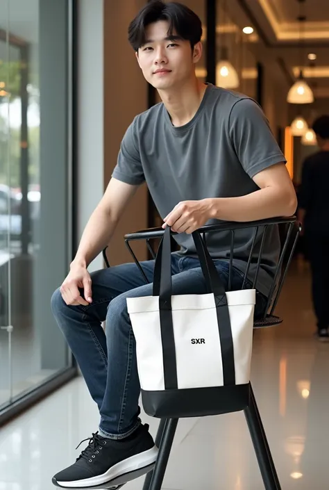 Fashionable photo of a plain black canvas bag with the same color strap, size 14 * 16 inches, with SXR print. One handsome Korean model wearing a gray T-shirt, SXR jeans, sitting in a high chair is in the SXR display shop in front of the store. , silver ac...