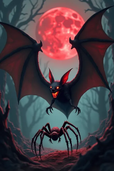 An intense and dramatic scene featuring a bat and a spider facing each other in an angry, confrontational stance. The bat has its wings spread wide, its fangs bared, and glowing red eyes, while the spider stands on its legs, poised aggressively, with sharp...