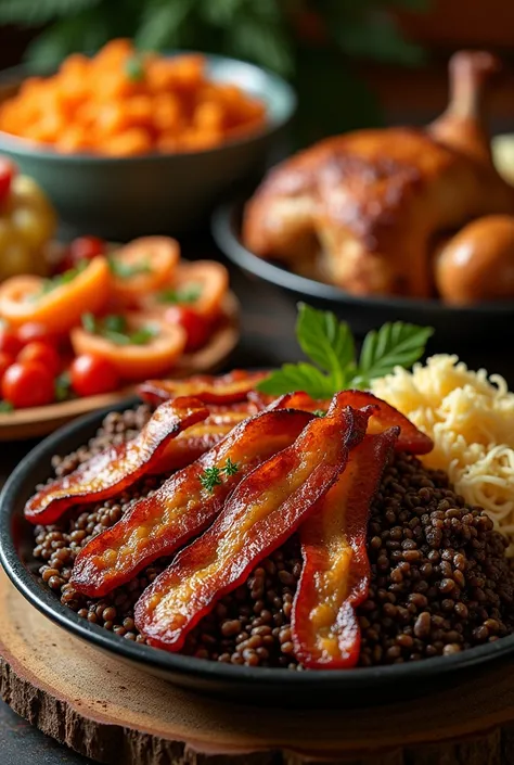 easy bacon pork ,  accompanied with dark brown rice ,  of Negrito Latino rice ,  and a serving of chicken in the background ,  with chicharrones , shrimp, ceviche,  a whole table of flavors seen from above,  Christmas Eve menu ,  HIGH QUALITY,  hyperrealis...