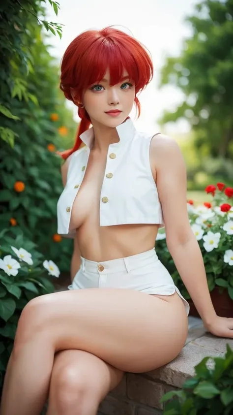 ranma chan, redhead,  A woman  , long straight red hair,  bright and expressive blue eyes, she opted for miniskirt , a white vest,  small breasts ,  Not suitable for work,   big ass,  thick thighs ,  wide hips , Desde atrás, garden,  crossed legs