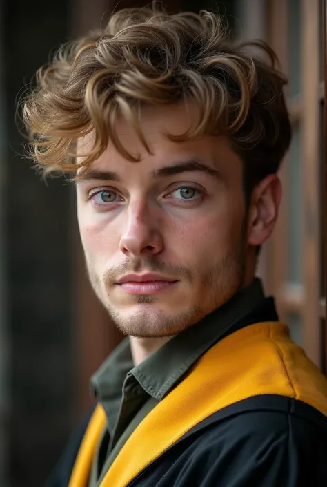 Adult handsome man, clean shaved with fluffy dirty blonde to brown hair and grey-hazel eyes who looks cute and has soft features, not a very sharp jawline, but slightly sharp and small nose, looks realistic. Wearing Hufflepuff robes