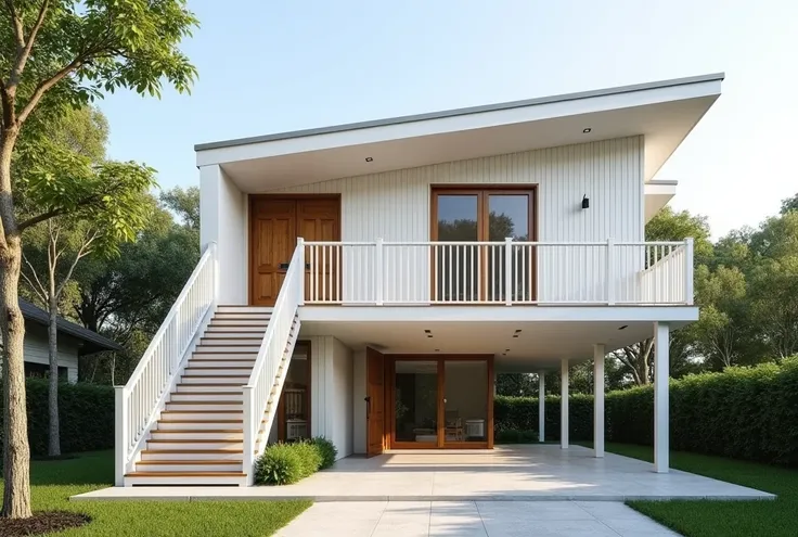 A modern elevated house combining simplicity and functionality, raised approximately **2 meters** above the ground to create a fully usable space below. The house features white-painted wooden walls with a smooth finish, exuding a minimalist aesthetic. The...