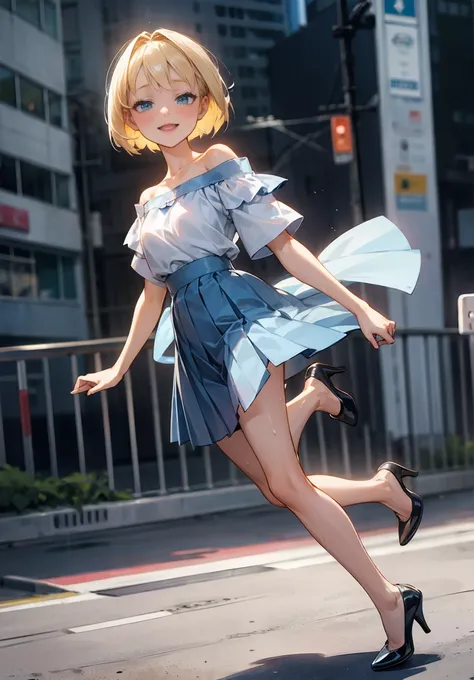 1 petite, slender girl,  white off-shoulder short sleeve shirt, lips, open_mouth, Realistic city, Alone,(masterpiece),( top quality ), ( super high res), Blonde, Blue-eyed girl with middle bob hair, (Sexually excited, blush and smile 、 sweaty ),  (Backgrou...