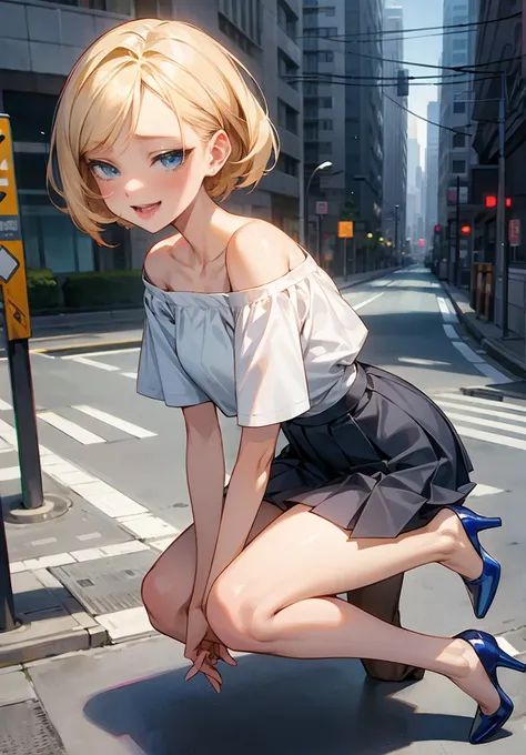 1 petite, slender girl,  white off-shoulder short sleeve shirt, lips, open_mouth, Realistic city, Alone,(masterpiece),( top quality ), ( super high res), Blonde, Blue-eyed girl with middle bob hair, (Sexually excited, blush and smile 、 sweaty ),  (Backgrou...