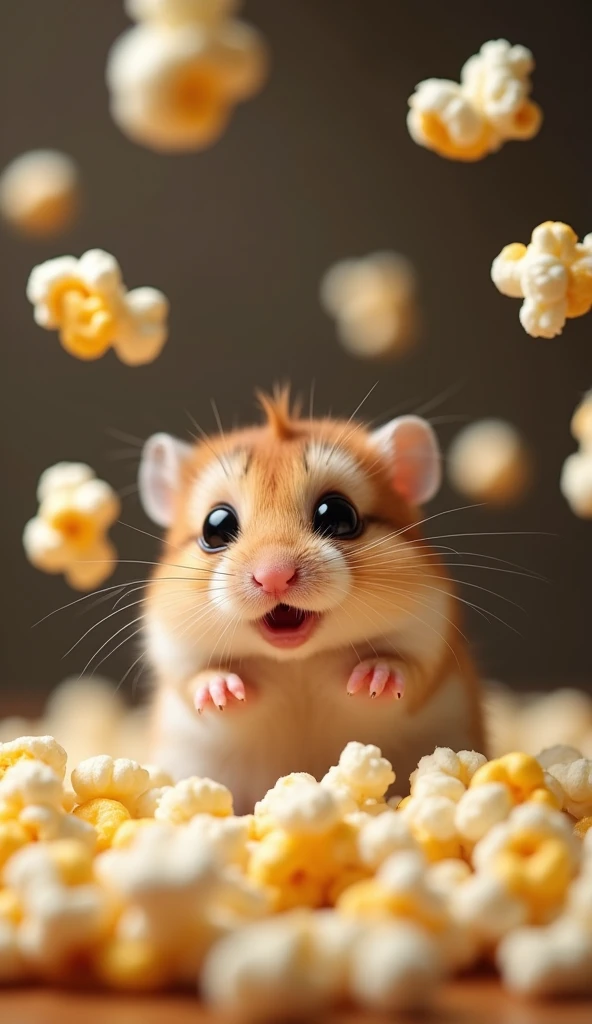 Baby hamster stunned as corn kernels turn into popcorn