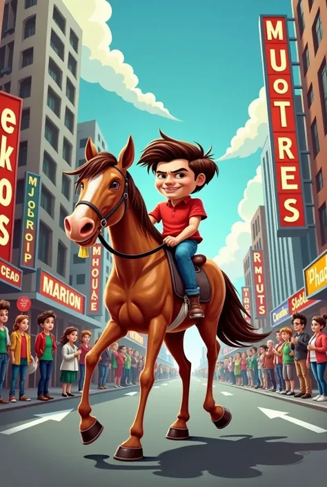 Make that person into a cartoon and have him ride a horse on a street in a city,  with white shirt, Horsemans clothing, dark and silky hair 