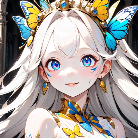 solo girl, embarrassed but happy, (porcelain skin, pure white skin, shiny skin:1.6), (butterfly face paint, big eyes, fluorescent shiny hair), (butterfly crown:1.2), cathedral, (masterpiece, ultra detailed, top quality), anime Icon, face focus.