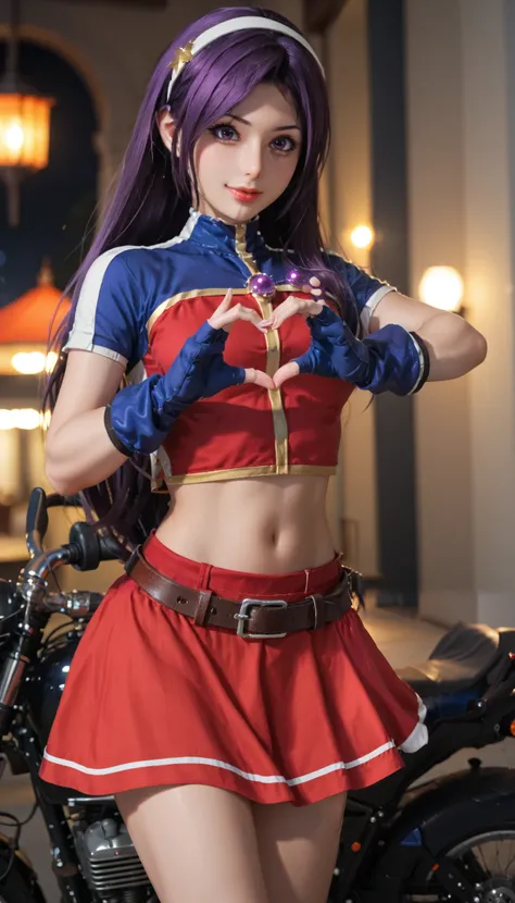 seductive, perfect lighting, perfect shadows, ATHKOF2002, purple hair, long hair, purple eyes, white hairband, blue sleeves, pearl (gemstone), short sleeves, red top, belt, fingerless gloves, navel, red skirt, biker shorts,RUKIA Style, (masterpiece), solo,...