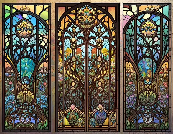  3 Stained Glass Panels with Cats and Flowers ,   Vector Art by Meredith Dillman,  shutterstock, Art Nouveau, Exquisite Stained Glass Triptych ,   maxim verehin stained glass mosaic ,  stained glass style,  stained glass art,   ART STYLE INSPIRED BY DAN Mu...