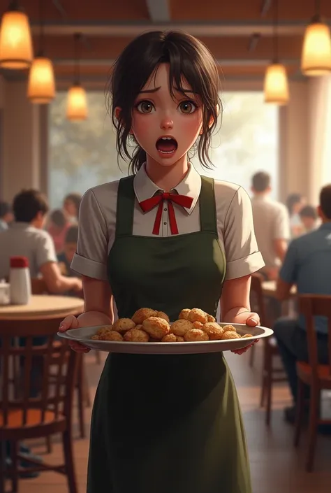 A terrified waitress stands with her mouth open and holds a tray in a restaurant. Realistic 