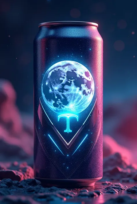 The combination of the moon and the crypto emblem should be called MOON on an aluminium energy drink can in a bright, innovative colour combination.