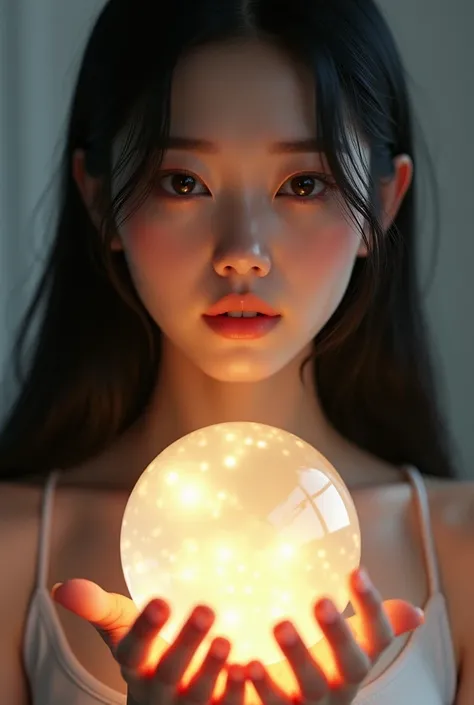 Create an image of a 20 year old Korean woman 、 with long hair and white skin ,  holding a rutile quartz crystal ball between her hands and hands. 