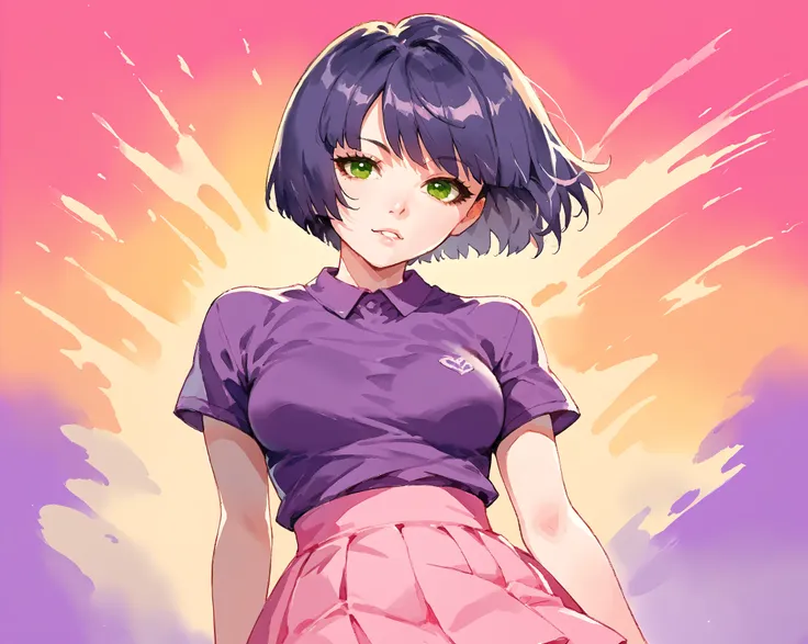 score_9_up, score_8_up, score_7_up, solo, source_anime, Floox Style, traditional watercolor painting, 1girl, bob cut, purple hair, short hair, Green eyes, medium breasts BREAK 

Purple shirt, short sleeves, pink skirt BREAK 

Standing, looking at viewer, :...