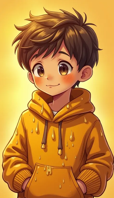 (best quality, masterpiece) high resolution illustration of a young boy covered in sticky natural honey, yellow, syrup, oversized sweater, comfy, cozy, close-up shot, detailed texture, delicious aroma, flavorful sensation, warm and appetizing,