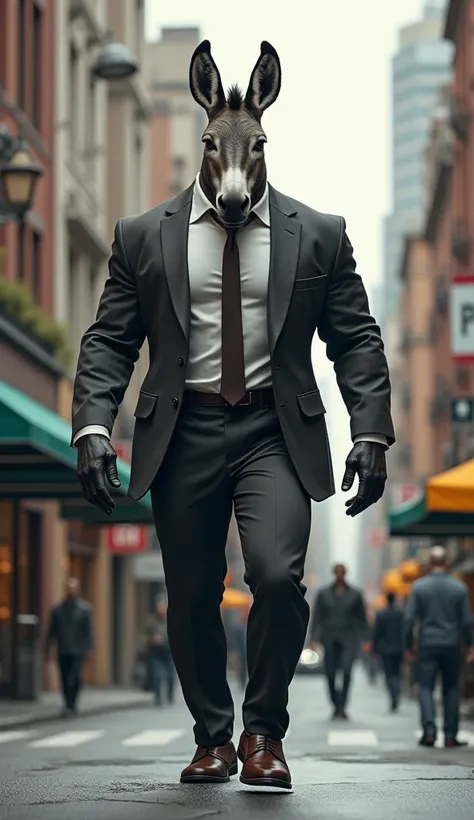 A photo of a full body Muscular,  Bottom view, Of an anthropomorphic donkey wearing clothes.  walking down the street 