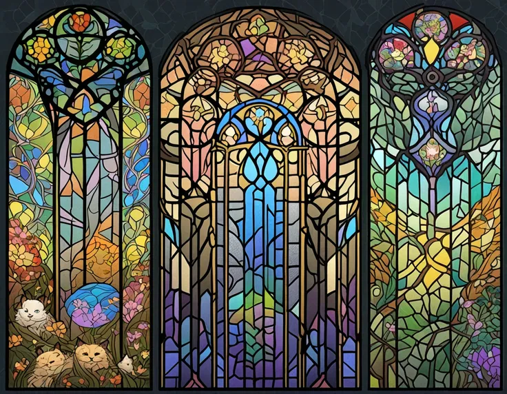  3 Stained Glass Panels with Cats and Flowers , Exquisite Stained Glass Triptych ,   maxim verehin stained glass mosaic ,  stained glass style,  stained glass art,   ART STYLE INSPIRED BY DAN Mumford  ,  stained glass tarot style ,  colorful art nouveau , ...