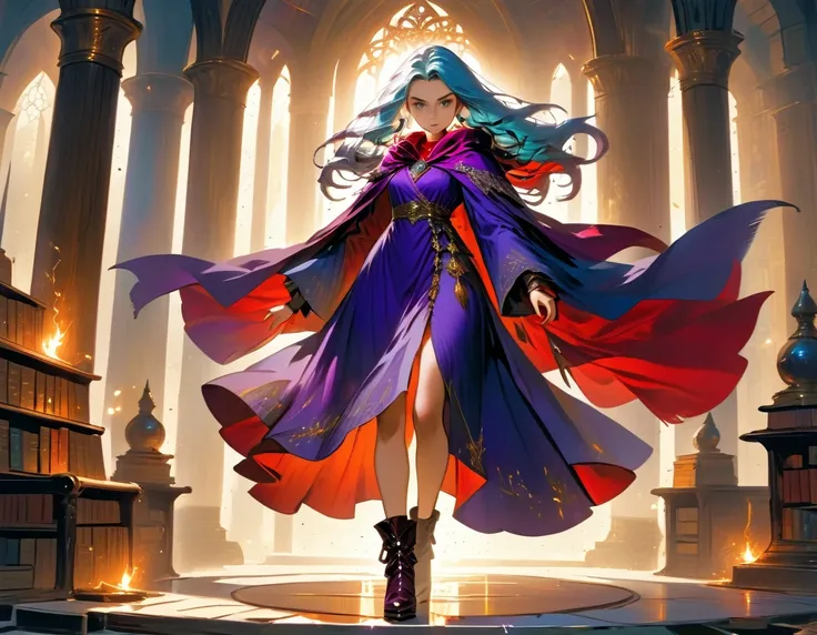 picture of a sorceress casting a spell in magical library, exquisite beautiful woman, dynamic hair color, dynamic hair style, (ultra detailed face: 1.2), best detailed face, high details, best quality, 16k, ((red elegant dress: 1.2), (purple cloak: 1.3), h...