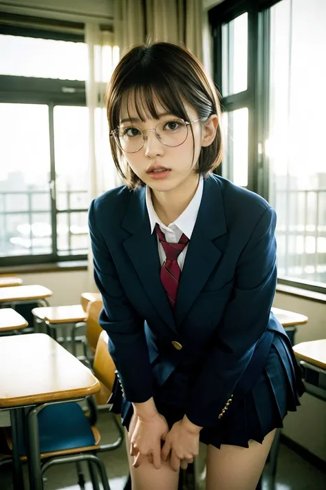 1girl,black-framed glasses,leaning forward,Perfect hands,panty pull,school uniform,shortcut hair,Navy blue blazer,pleated skirt,tongue out,Looking Down and Sleepy,school background,warm sunset lighting,bright and energetic atmosphere,detailed face,beautifu...