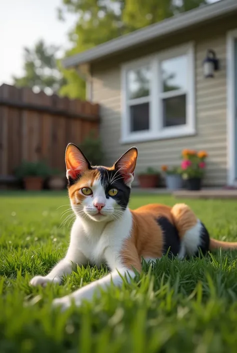 Real photo of a tricolor cat lying in the yard of a normal house