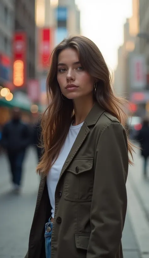 A young woman standing on the street, blur background, beatiful, photorealistic