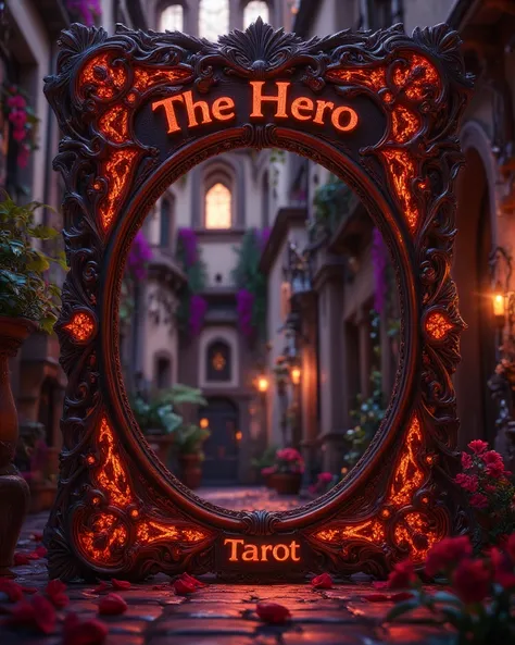 {
  "image": {
    "title": "Hero Card frame ",
    "Description": "Un marco detallado y artístico para la carta del tarot The hero.  The frame must include elements that symbolize the Courage and strength,  symbols with red and dark details . El TEXTo The...