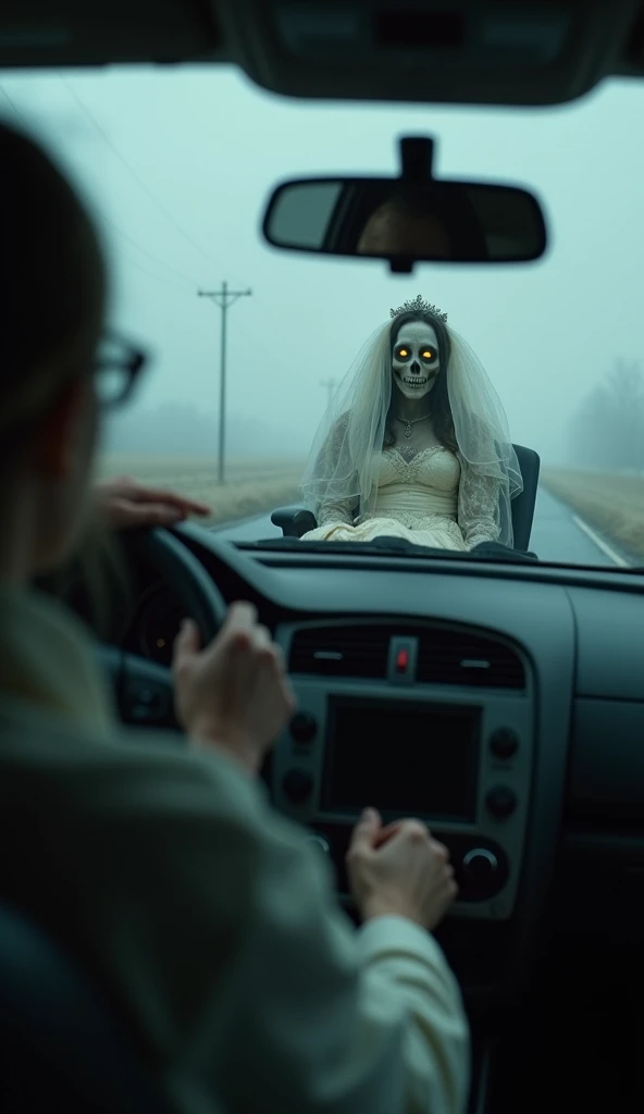 A chilling first-person perspective from the driver’s seat of a car, capturing the moment the driver looks into the rearview mirror. The dashboard and steering wheel are visible in the foreground, along with the mirror reflecting a horrifying sight: the gh...