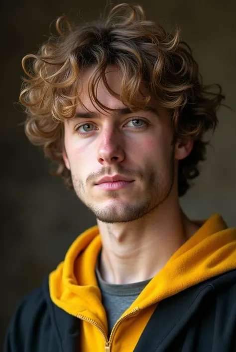 Adult very handsome guy, irish, clean shaved, in 20s, with fluffy dirty blonde to brown hair and grey-hazel eyes who looks cute and has soft features, not a very sharp jawline, but slightly sharp and small nose, Wearing Hufflepuff robes