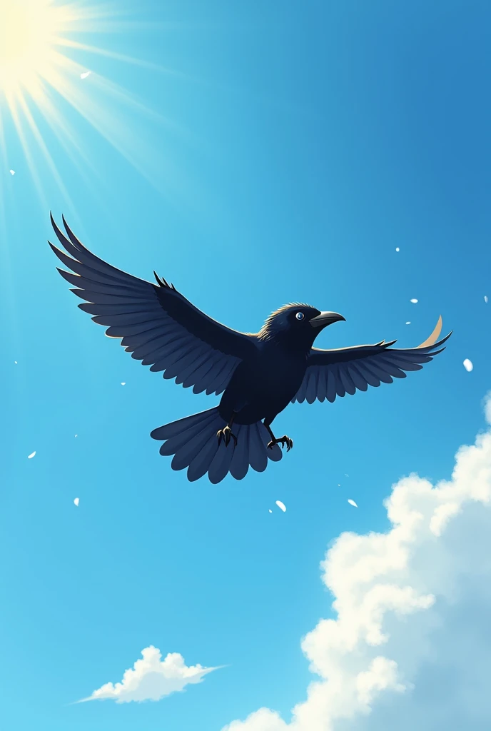 One sunny day, a little crow was flying through the sky. It was very hot, and the crow was very thirsty. "Caw, caw! I need water!" the crow said.