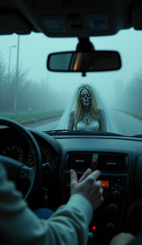 A chilling first-person perspective from the driver’s seat of a car, capturing the moment the driver looks into the rearview mirror. The dashboard and steering wheel are visible in the foreground, along with the mirror reflecting a horrifying sight: the gh...