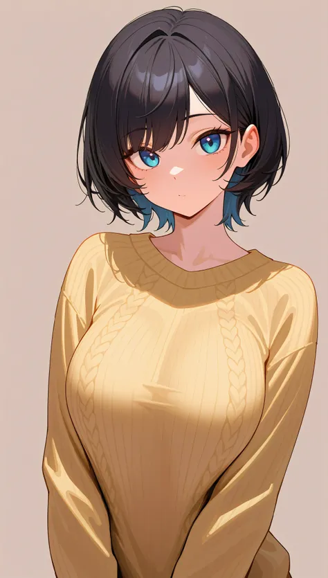 (masterpiece:1.3), (8k, best quality: 1.4), (1 girl), pretty, anime face), (black hair, short hair:1.3), Nice hairstyle, blue eyes , detailed and beautiful eyes), beautiful skin, (sweater), absurd, attractive, ultra high resolution,  very detailed, golden ...