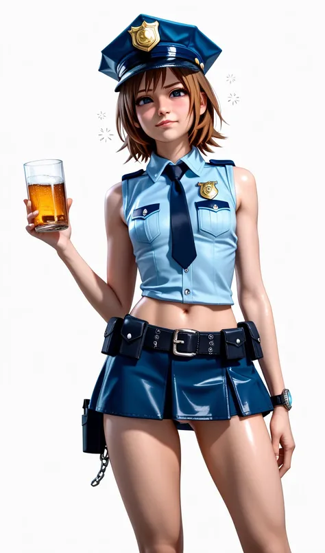  One girl ,  Kairi from Kingdom Hearts,  viewers(Blushed face:1.0),real skin ,small breasts,  shiny hair ,  Super Detailed Black Eyes,( Equipped Police Belt :1.2),( watch ),( shot from the front:1.2),24K,(Standing in a sexy pose:1.2),(Drunk:1.0),(Seduce:1....