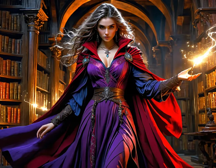 picture of a sorceress casting a spell in magical library, exquisite beautiful woman, dynamic hair color, dynamic hair style, (ultra detailed face: 1.2), best detailed face, high details, best quality, 16k, ((red elegant dress: 1.2), (purple cloak: 1.3), t...