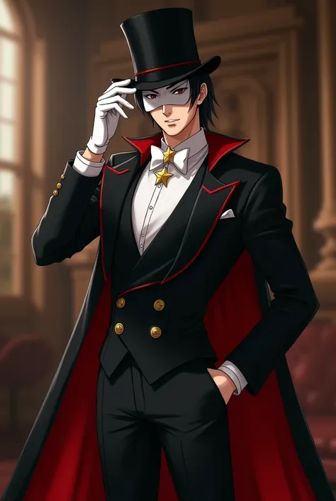 Japanese cosplay inspired by Tuxedo Mask.  He wears an elegant black top hat ,  a small white mask that covers the eyes ,  and a formal black jacket with a red undercoat that falls elegantly from behind .  He wears an impeccable white shirt with a perfectl...