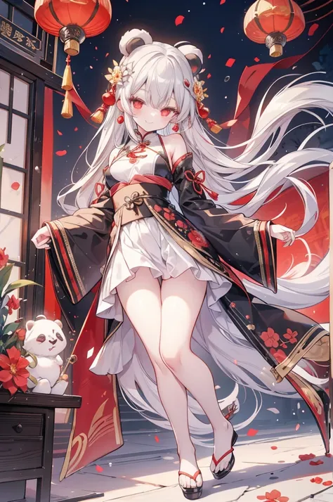 panda beastman, gray hair、 Grey long hair 、pattsun maegami 、  princess cut、  Golden Chinese Style Hair  、  Red Earrings  、  red eyes、Close eyes 、smile、Red Hanfu、Hanfu Fairy  、  Red Floral Decorative Skirt、 Chinatown