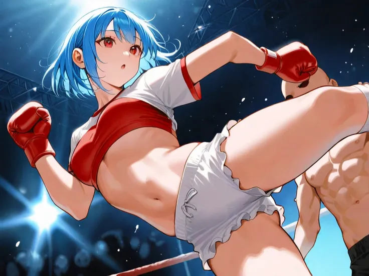 Woman fights man,woman kicks man, Woman is cute,blue hair,Red Eyes,  red boxing gloves , Woman have Gym clothes, Woman have Black Bloomers, abs,pro wrestling backgrounds ,  Volumetric Lighting , Particles of light,angle from below,A girl is chasing a boy,A...