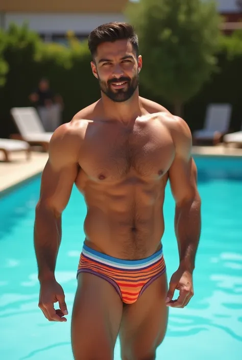 The image shows a young man, latino,  hairy and muscular that he is posing next to a pool , , which highlights his athletic and toned physique .  He wears a small and tight thong with multicolored stripes ,  mainly in shades of orange and blue , that accen...