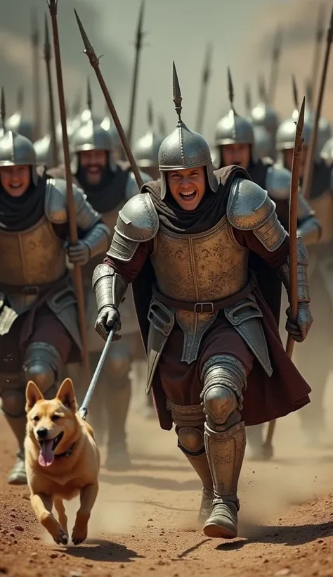 A Very Clear 4K Ultra HD Dynamic Image Of "Soldiers, dressed in metal armor and holding traditional spears, listening to the dog’s bark and moving quickly in its direction. Their faces show concern.