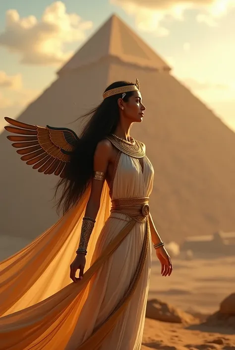 Crea una imagen realista tipo foto 8K, alta quality,  very detailed , elegant, cinematic effect a lot of detail . Se visualiza a la goddess isis en lo alto de una pirámide de Egipto, Look smiling .  Ancient pyramids at the time of their creation , new. Alt...