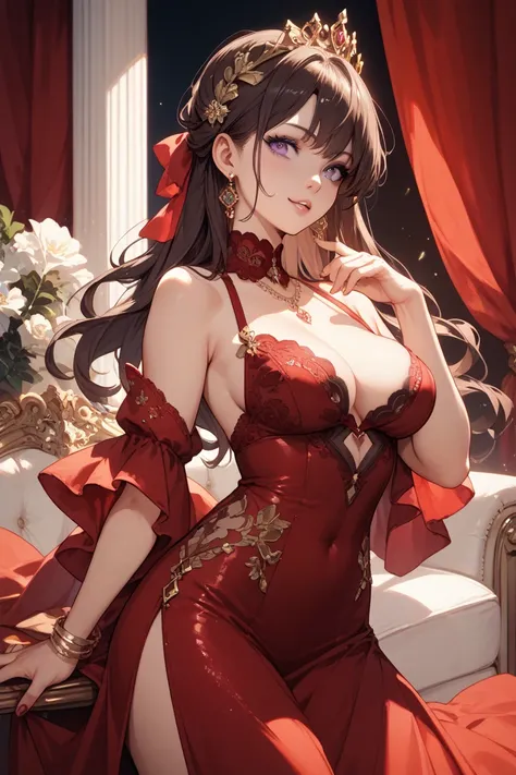 Anime girl sexy brunette purple eyes wearing red european queen dress