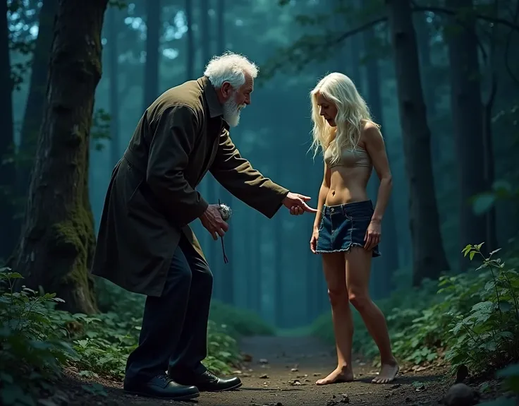 Make an elderly mans penis out by abusing a blond woman in a short skirt and white hair in the forest at night and the woman is screaming crying
Comic style ( Make the traits of Marvel )